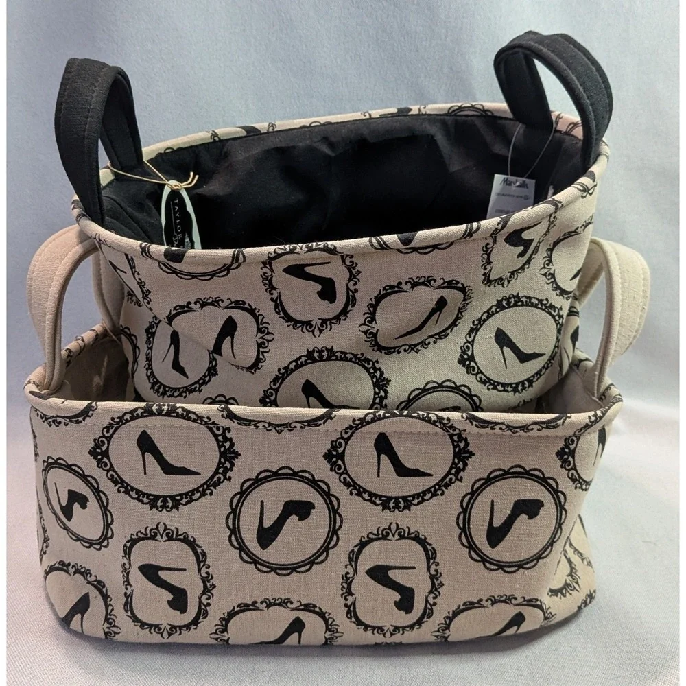 Taylor Madison Storage Baskets Set 2 OS Beige Black High Heel Shoe Cameo Print